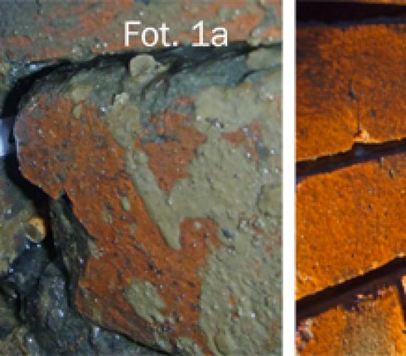Fot. 1. Korozja i ubytki zaprawy cementowej a) ubytek zaprawy na głębokość 8 cm