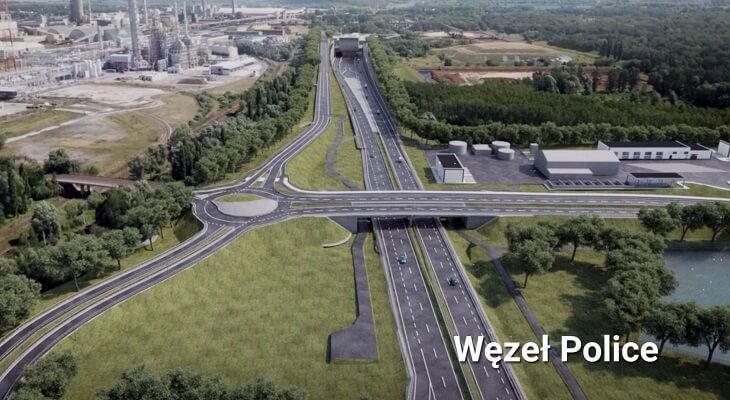 Rejon węzła Police z widocznym wlotem do tunelu pod Odrą. Źródło wiz.: GDDKiA
