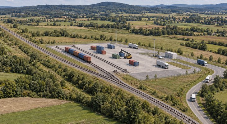 Planowany terminal intermodalny w Obicach, pod Kielcami. Fot. Wizualizacja poglądowa wykonana za pomocą sztucznej inteligencji