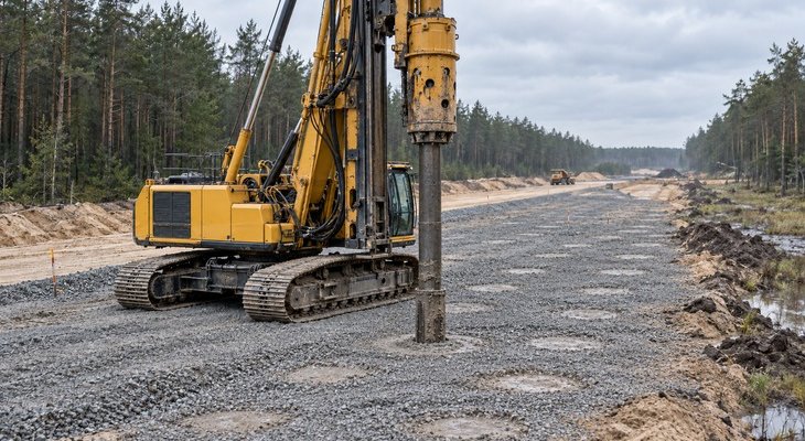 Wzmacnianie podłoża kolumnami przemieszczeniowymi i palami na trasie łączącej S6 z elektrownią jądrową. Fot. Wizualizacja wykonana za pomocą sztucznej inteligencji