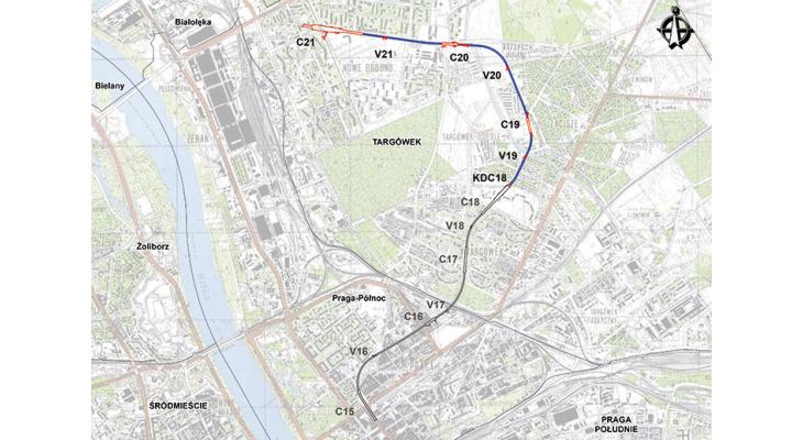 RYS. 1. Plan trasy odcinka wschodniego-północnego II linii metra w Warszawie
