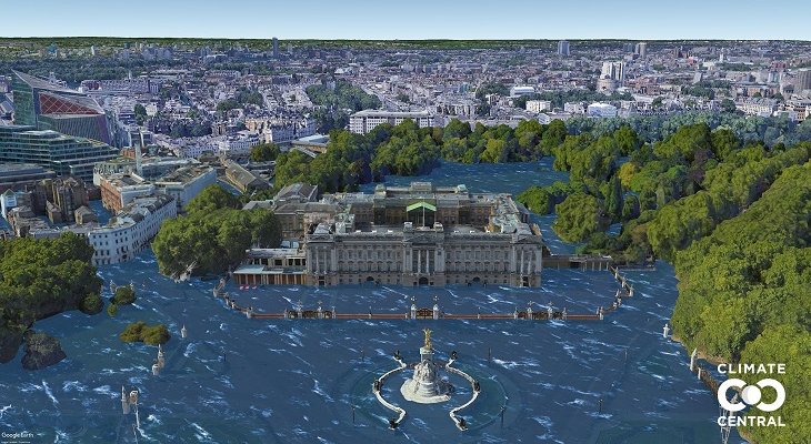 Pałac Buckingham w Londynie (Wielka Brytania) w wariancie pesymistycznym (wzrost średniej temperatury o 3 stopnie Celsjusza). Wiz. Climate Central