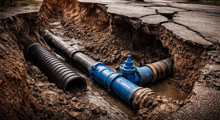 Ilustracja: szkody górnicze i infrastruktura wod-kan (grafika AI)