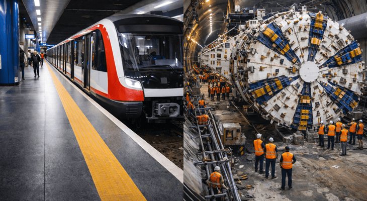 Pociąg metra oraz maszyna TBM do drążenia tuneli – zdjęcia poglądowe wygenerowane przez AI
