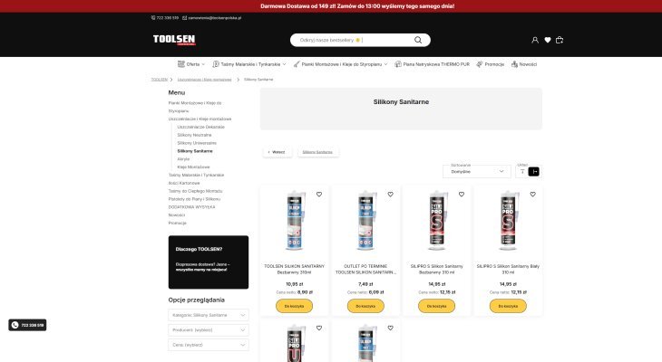 Silikony sanitarne – Hurtownia budowlana TOOLSEN POLSKA. Fot. mat własne