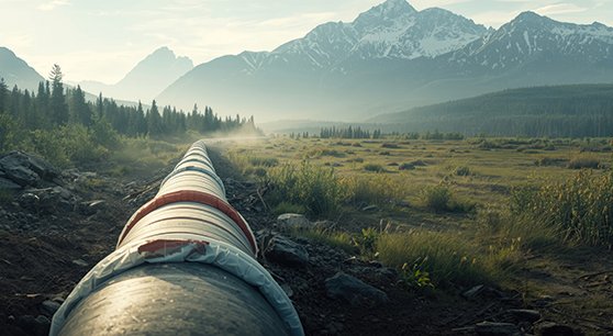 RYS. 1. | Rury o dużej średnicy przed montażem w ramach projektu Trans Mountain łączącego Edmonton w prowincji Alberta z Burnaby w prowincji Kolumbia Brytyjska.
Grafika wygenerowana przez AI – źródło: TheWaterMeloonProjec / AdobeStock