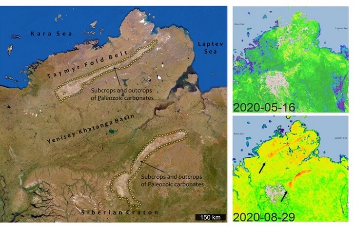 Po lewej stronie zdjęcie satelitarne północnej Syberii. Dwa obszary wapienia paleozoicznego zaznaczono żółtymi przerywanymi liniami. U góry po prawej satelitarnie zmierzona koncentracja metanu w maju 2020 r.; na dole po prawej: w sierpniu 2020 r. Źódło: N. Froitzheim & D. Zastrozhnov, z wykorzystaniem danych GHGS z (https://pulse.ghgsat.com/)