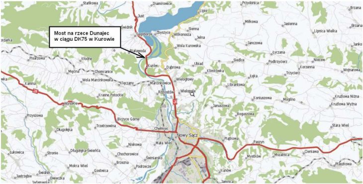 Lokalizacja mostu przez Dunajec w ciągu DK75. Źródło: GDDKiA