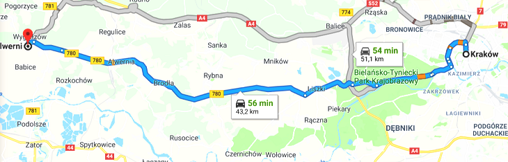 DW780 ma 57 km długości, łączy Kraków z Chełmem Śląskim. Źródło: Google Maps