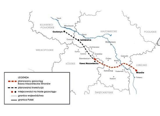 Trasa gazociągu Gustorzyn–Wronów [MAPA]. Źródło: Gaz-System