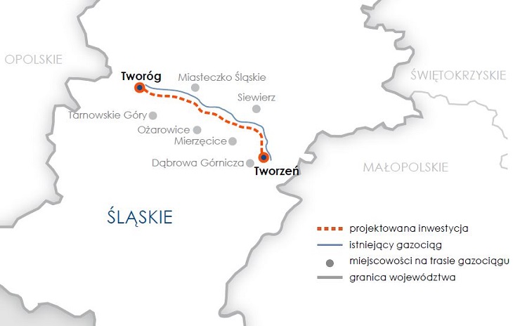 Trasa gazociągu Tworóg–Tworzeń zostanie poprowadzona przez siedem gmin. Źródło: Gaz-System