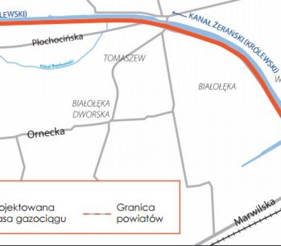 Trasa 10-kilometrowego gazociągu do Elektrociepłowni Żerań. Źródło: Gaz-System S.A.
