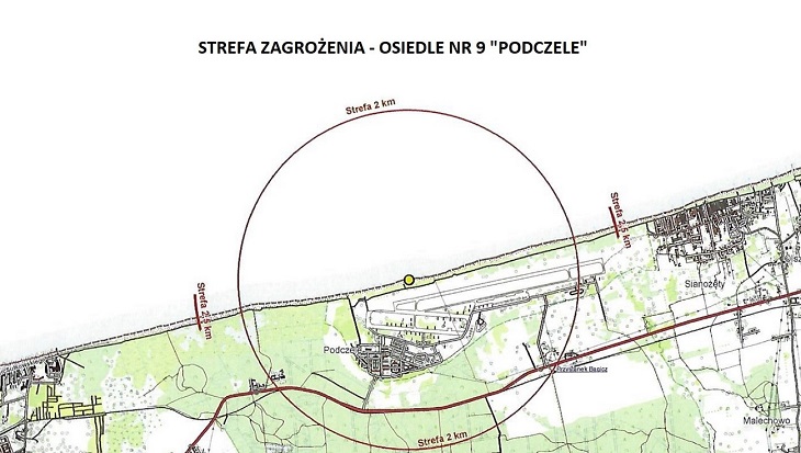 Mapa strefy zagrożenia. Źródło UM Kołobrzeg-mapa