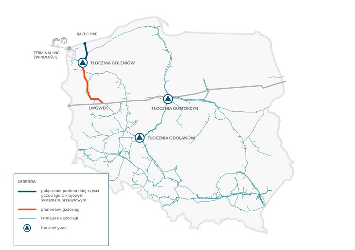 Mapa gazociągu Goleniów-Lwówek w ramach projektu Baltic Pipe. Fot. Gaz-System