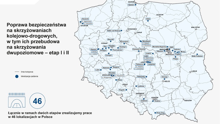Mapa z 46 lokalizacjami planowanych inwestycji. Fot. PLK