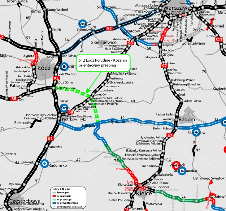 Mapa drogi ekspresowej S8 miedzy węzłami Łódź Południe i Kozenin. Źródło: GDDKiA