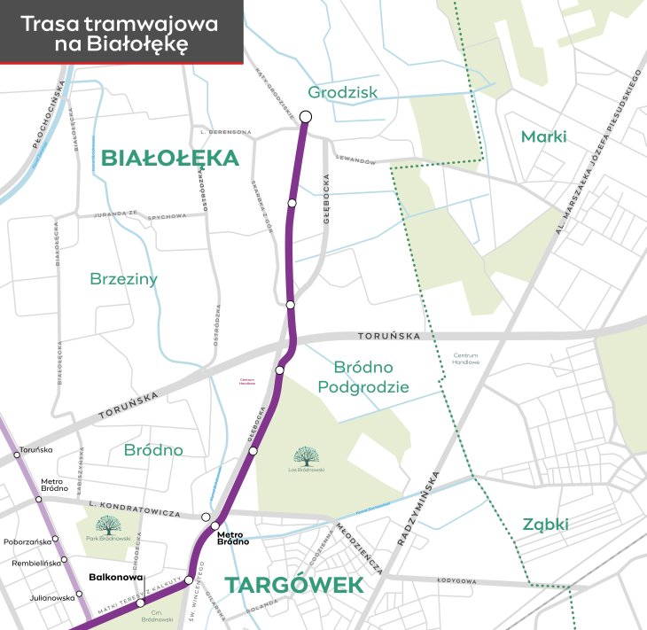 Mapa trasy tramwajowej do Białołęki. Źródło: Tramwaje Warszawskie
