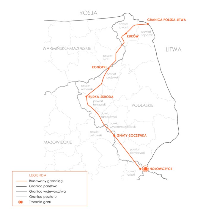 Gazociąg Polska–Litwa w Polsce. Źródło: Gaz-System