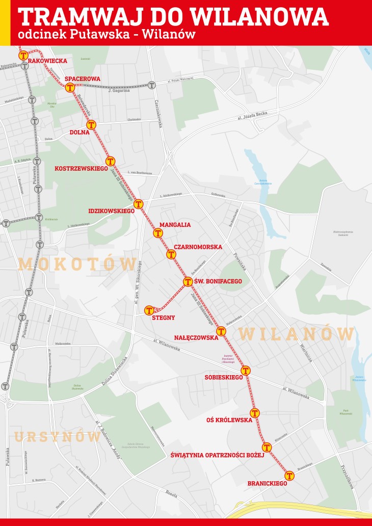 Mapa linii tramwajowej do Wilanowa i na osiedle Stegny. Źródło: Tramwaje Warszawskie