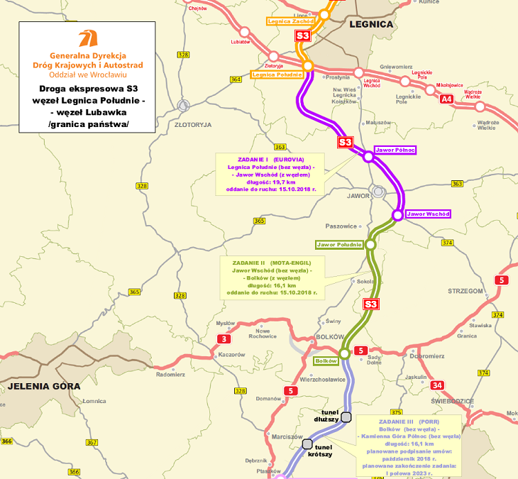 Mapa przebiegu drogi ekspresowej S3 na Dolnym Ślasku. Źrodło: GDDKiA