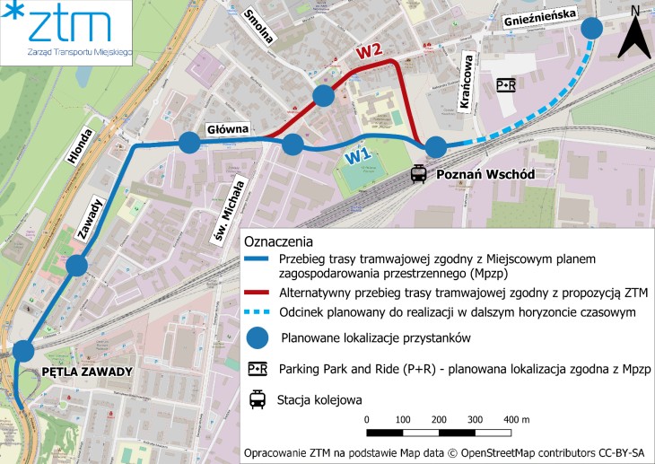 Dwa warianty linii tramwajowej w Poznaniu. Źródło: ZTM