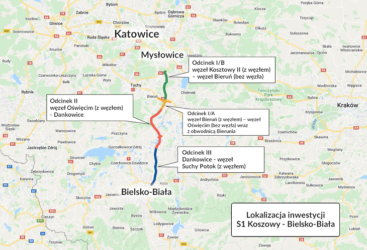 Mapa drogi ekspresowej S1 Mysłowice–Bielsko-Biała. Źródło: GDDKiA