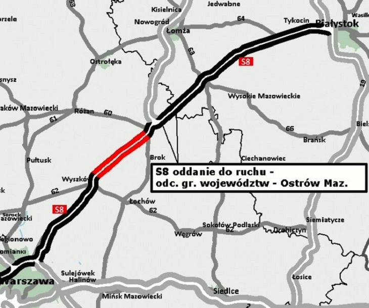 Mapa – odcinek S8 Ostrów Mazowiecka–granica województw. Źródło: GDDKiA
