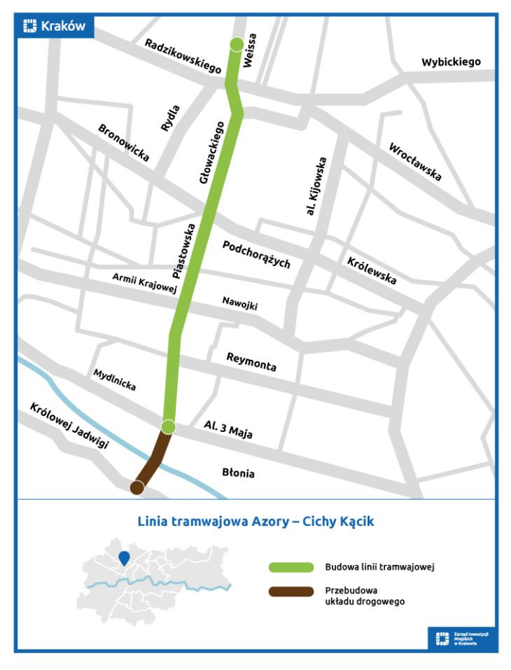 Plan trasy tramwajowej Azory–Cichy Kącik. Źródło: ZIM Kraków