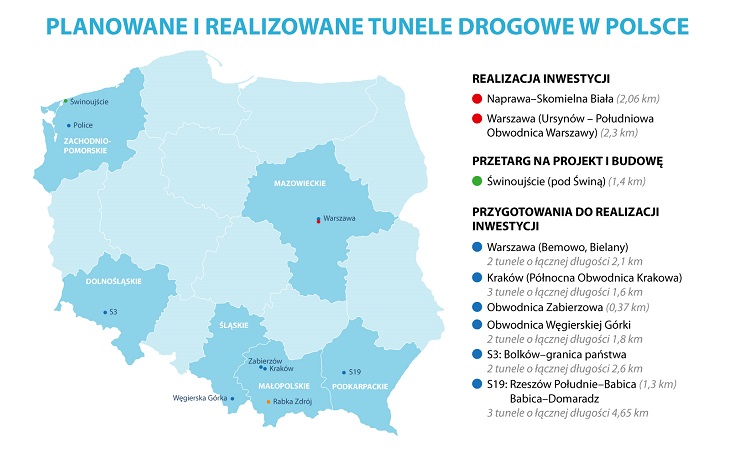 Planowane tunele drogowe w Polsce – mapa. Źródło: inzynieria.com