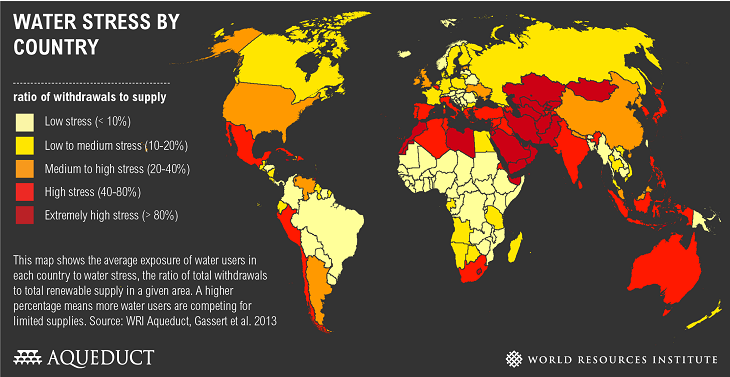 Stopień zagrożenia deficytem wody 2013 r. Źródło: WRI
