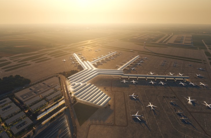 Wizualizacja obiektów lotniska. Źródło: Foster + Partners i Buro Happold
