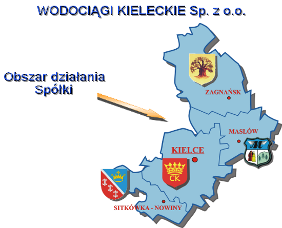 Obszar działania Wodociągów Kieleckich. Źródło Wodociagi Kieleckie