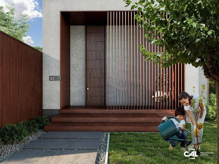 Nowoczesne drzwi zewnętrzne CAL model Jagienka frezowana z blendą to idealne dopełnienie minimalistycznej architektury
