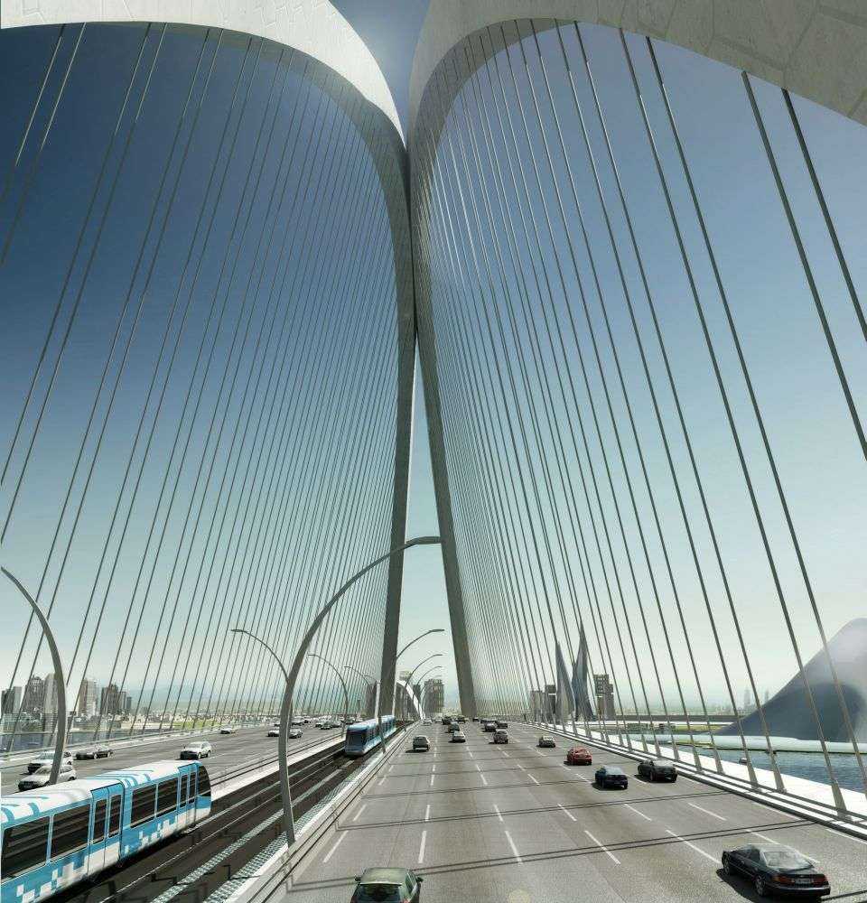Fot. z archiwum FXFOWLE.

Most będzie miał po sześć pasów ruchu w obu kierunkach oraz dwa pasy dla dubajskiego metra.