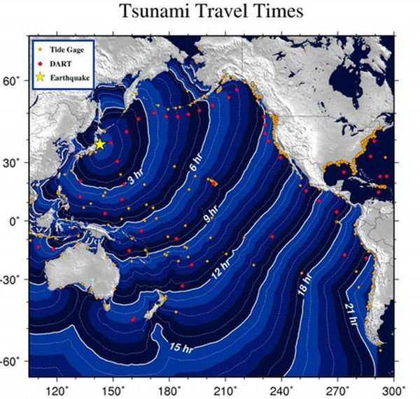 Przewidywany czas wystapienia fal tsunami, fot. WCATWC