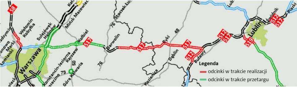 Orientacyjny przebieg trasy S17 od w. Lubelska do obwodnicy Garwolina. Źródło: GDDKiA