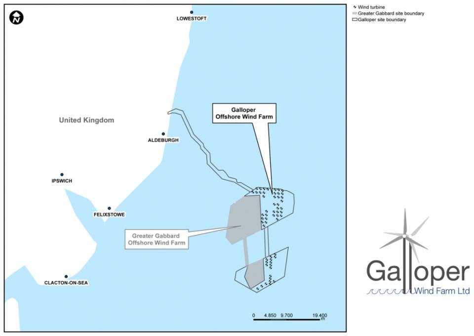 Lokalizacja morskiej farmy wiatrowej u wybrzeży Suffolk na Morzu Północnym. Źródło: Galloper Wind Farm